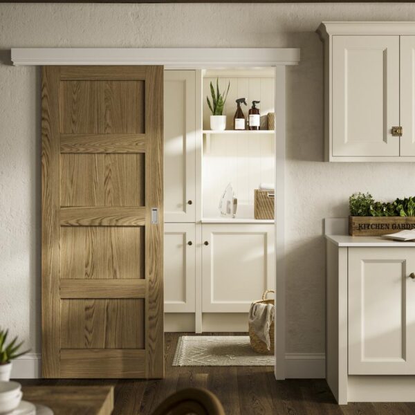 Howdens Shaker Oak 4 Panel Pre-Finished FD30 Fire Door